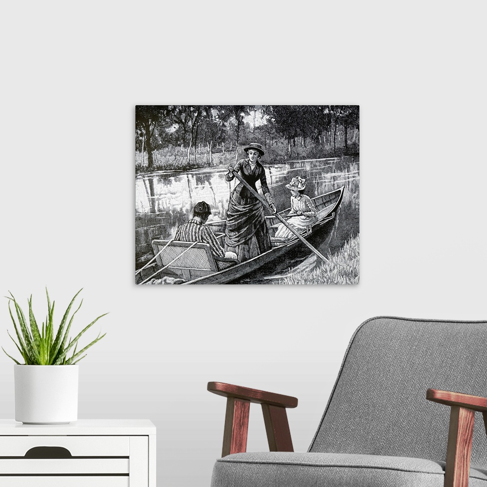 A modern room featuring Illustration depicting siblings spending a summer afternoon on a boat. Dated 20th century.
