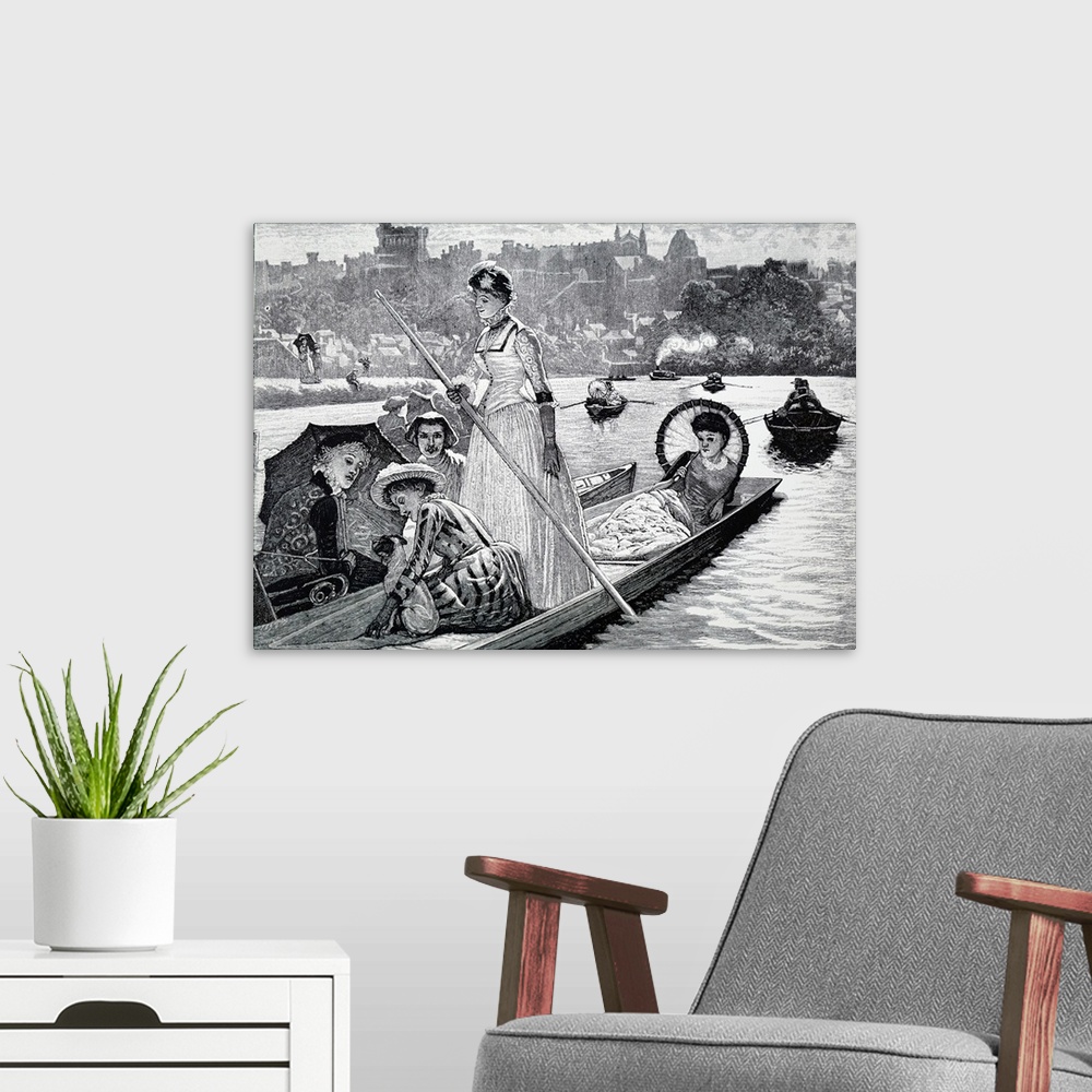 A modern room featuring Illustration depicting young women spending a summer afternoon on a boat. Dated 19th century.