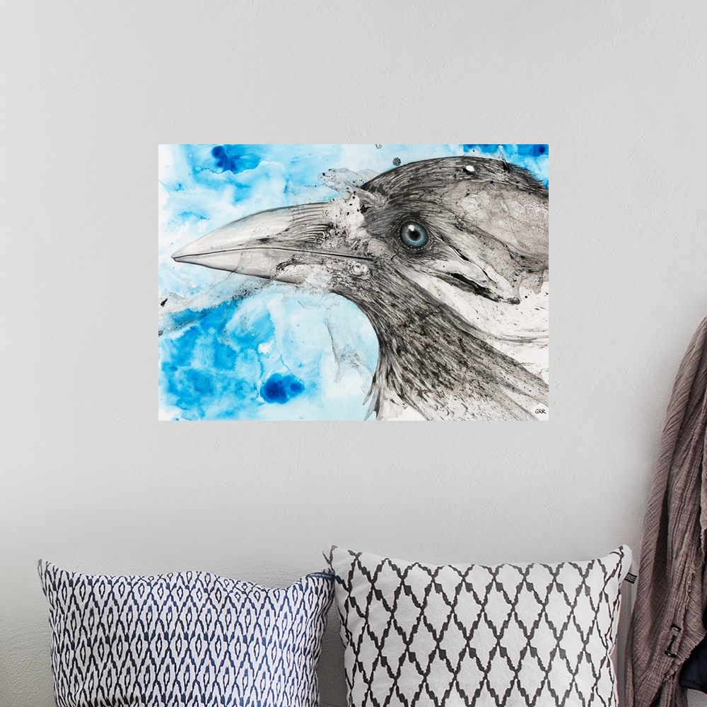 A bohemian room featuring Illustration of a bird's eye and beak with mottled blue and white background.