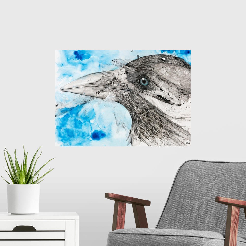 A modern room featuring Illustration of a bird's eye and beak with mottled blue and white background.