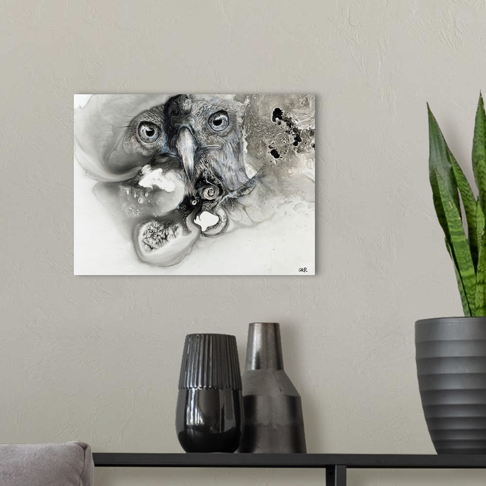 A modern room featuring Illustration of a bird's face surrounded by mottled textures and abstract.
