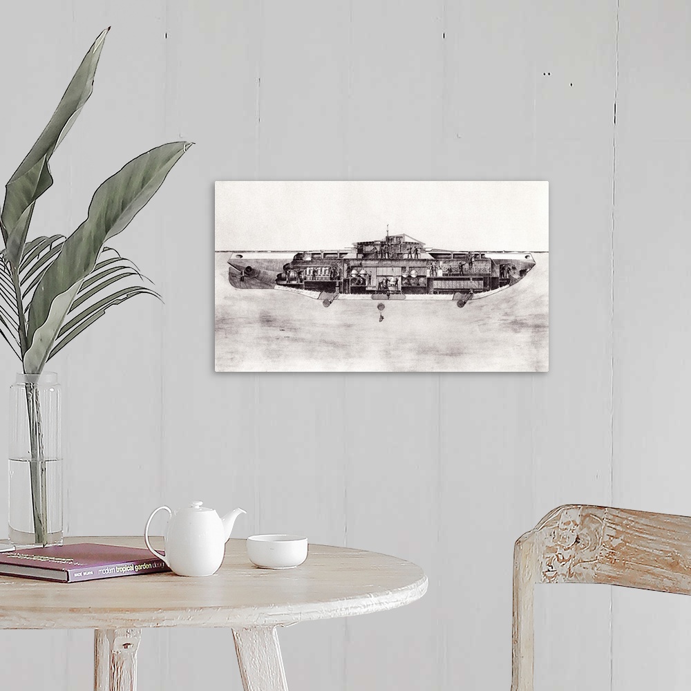 A farmhouse room featuring Illustration Of A Lake Submarine, Used During World War One To Lay Mines On The Sea Bed. From The...