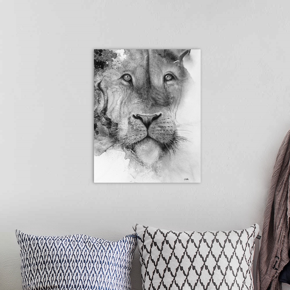 A bohemian room featuring Illustration of a lion's face and a mottled background.