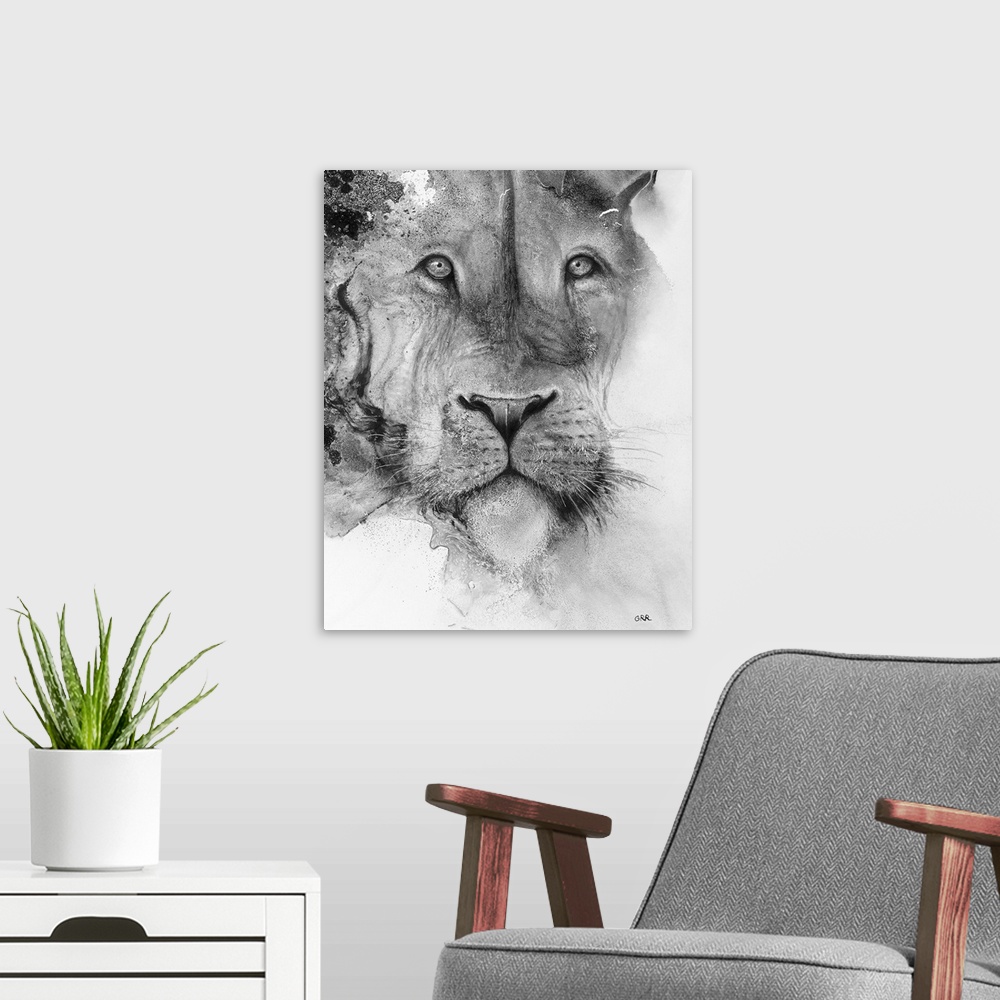 A modern room featuring Illustration of a lion's face and a mottled background.