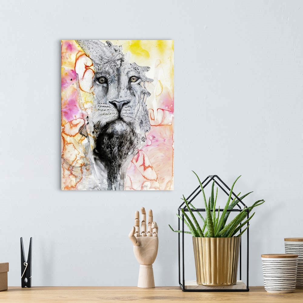 A bohemian room featuring Illustration Of A Lion's Face Surrounded By Colourful Abstract Patterns.