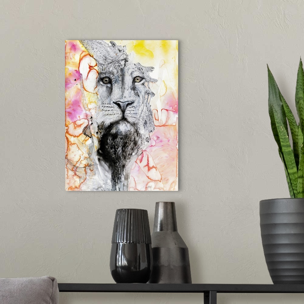 A modern room featuring Illustration Of A Lion's Face Surrounded By Colourful Abstract Patterns.