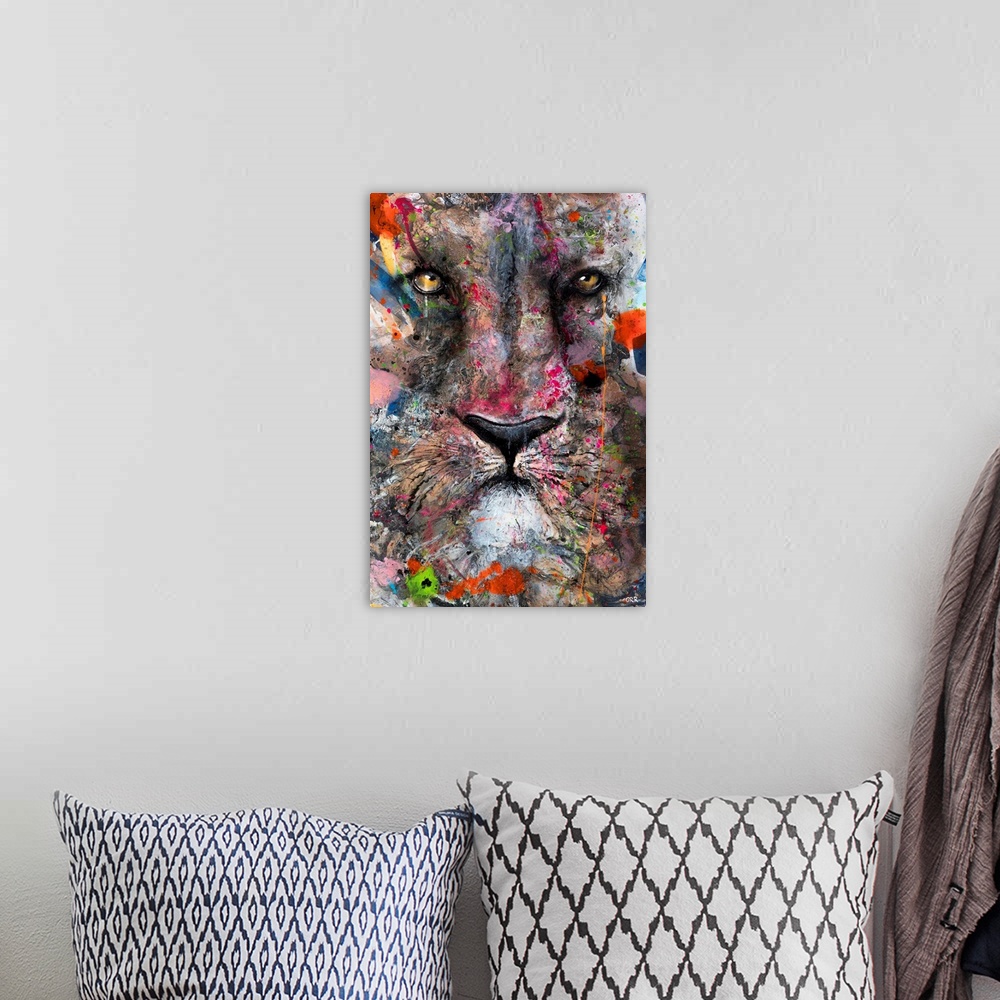 A bohemian room featuring Illustration of a lion's face with colourful splashes