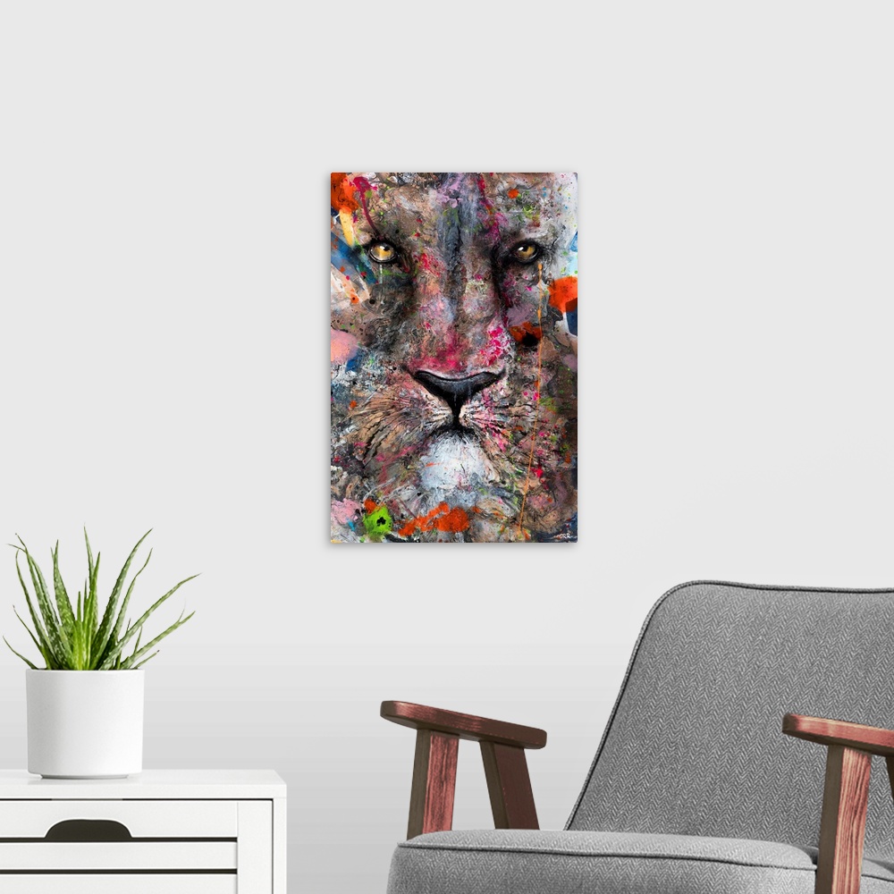 A modern room featuring Illustration of a lion's face with colourful splashes