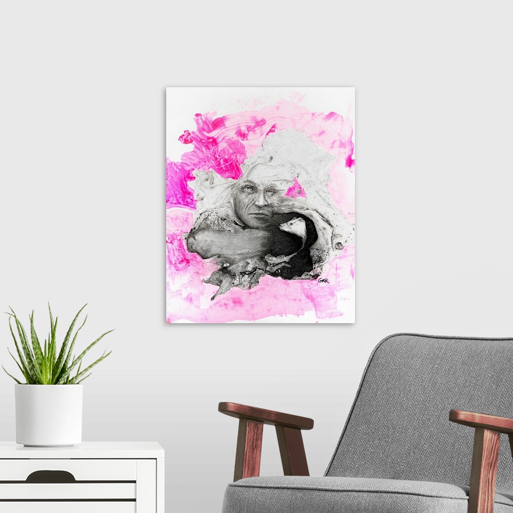 A modern room featuring Illustration of a man's face and a rat's head surrounded by pink and white brush patterns.