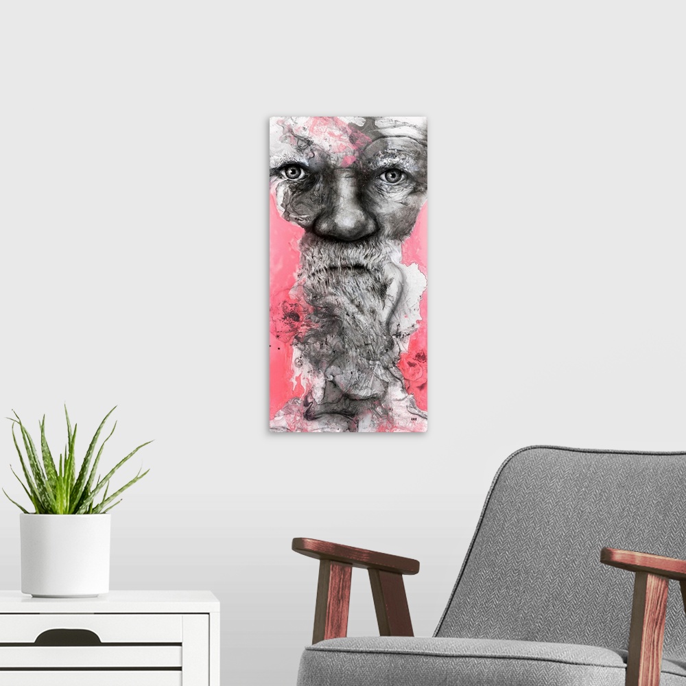 A modern room featuring Illustration Of A Man's Face With A Second Face Emerging From His Beard.