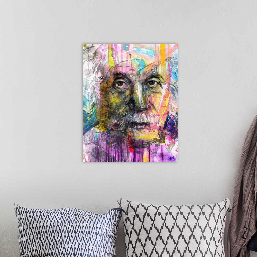 A bohemian room featuring Illustration of a man's face with colourful abstract patterns surrounding it