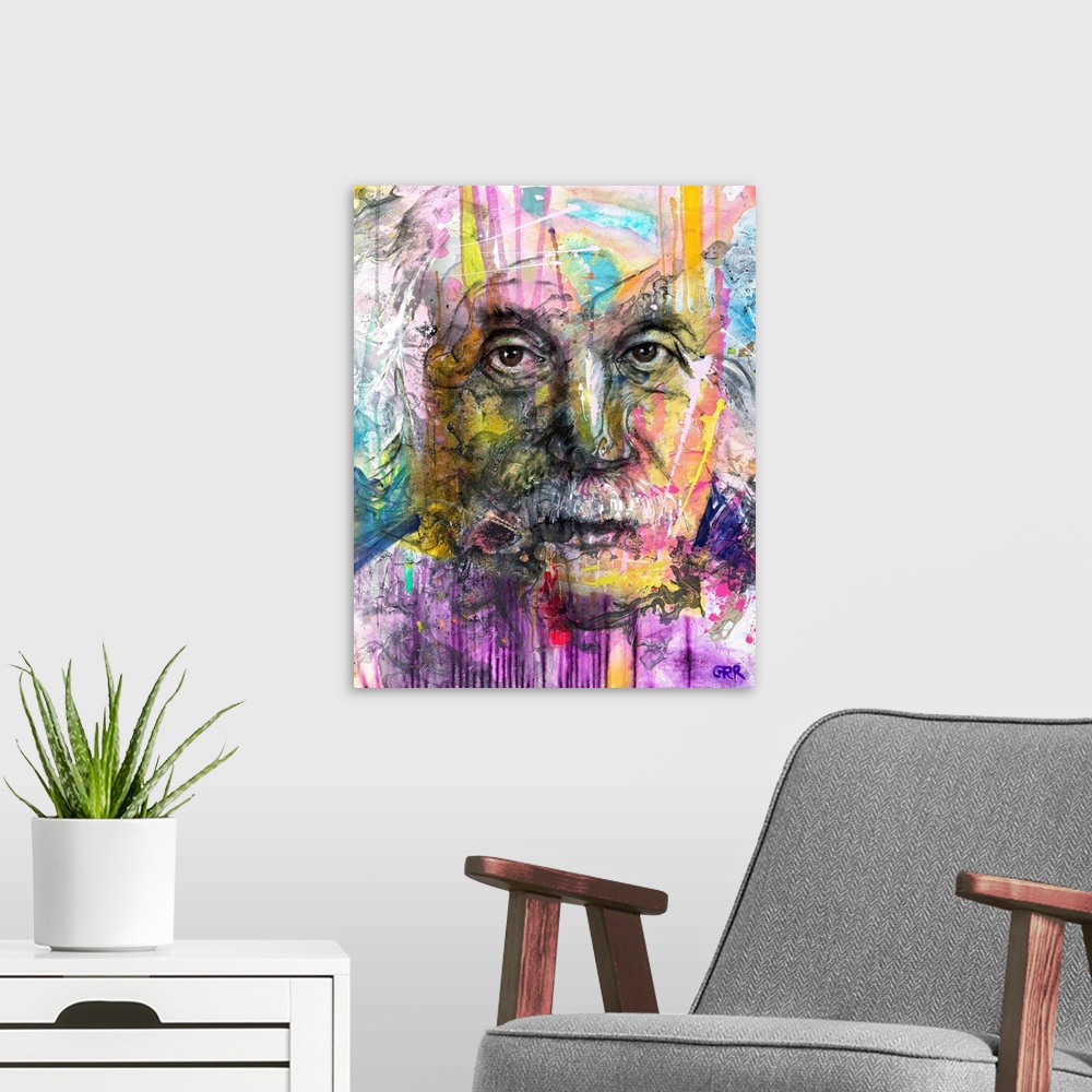 A modern room featuring Illustration of a man's face with colourful abstract patterns surrounding it