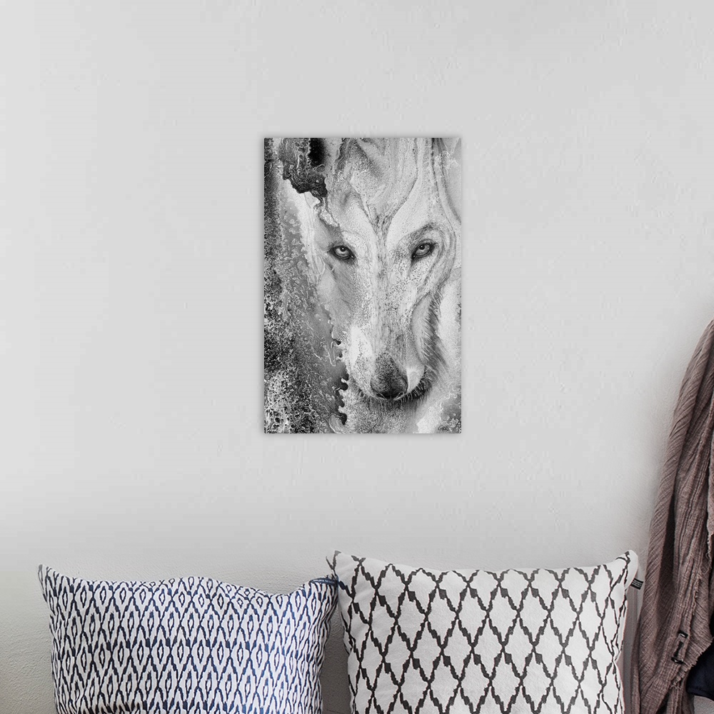 A bohemian room featuring Illustration of a wolf and a mottled background.
