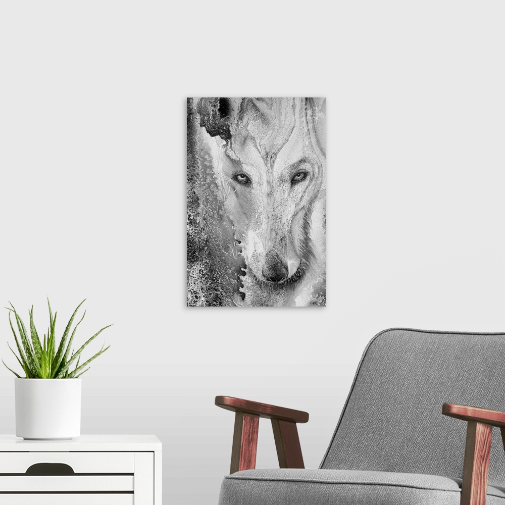 A modern room featuring Illustration of a wolf and a mottled background.