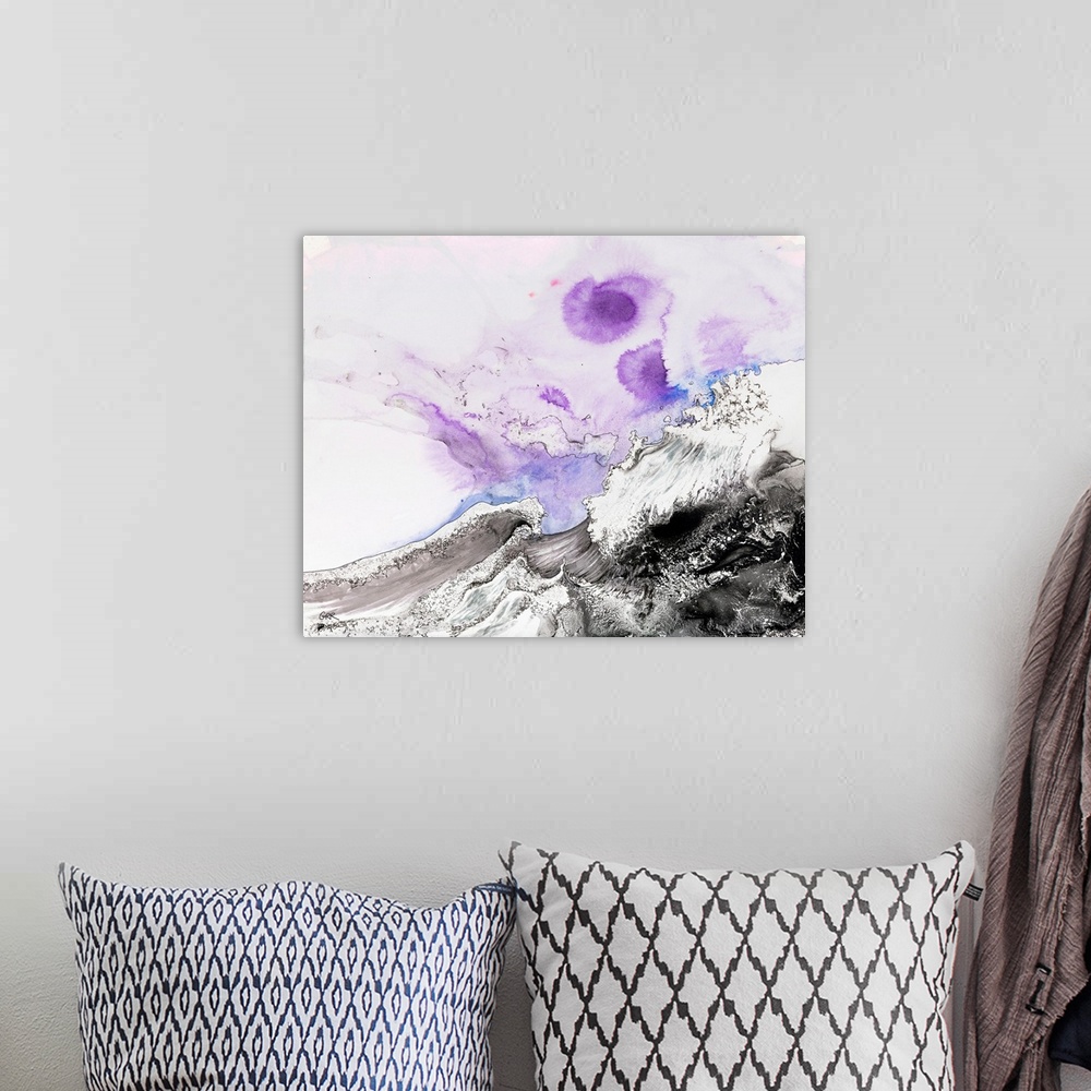 A bohemian room featuring Illustration of waves crashing and splashes of blue and purple above.