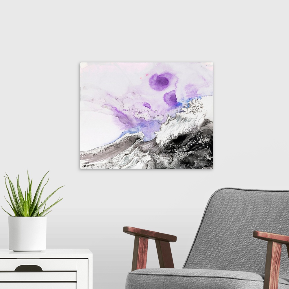 A modern room featuring Illustration of waves crashing and splashes of blue and purple above.