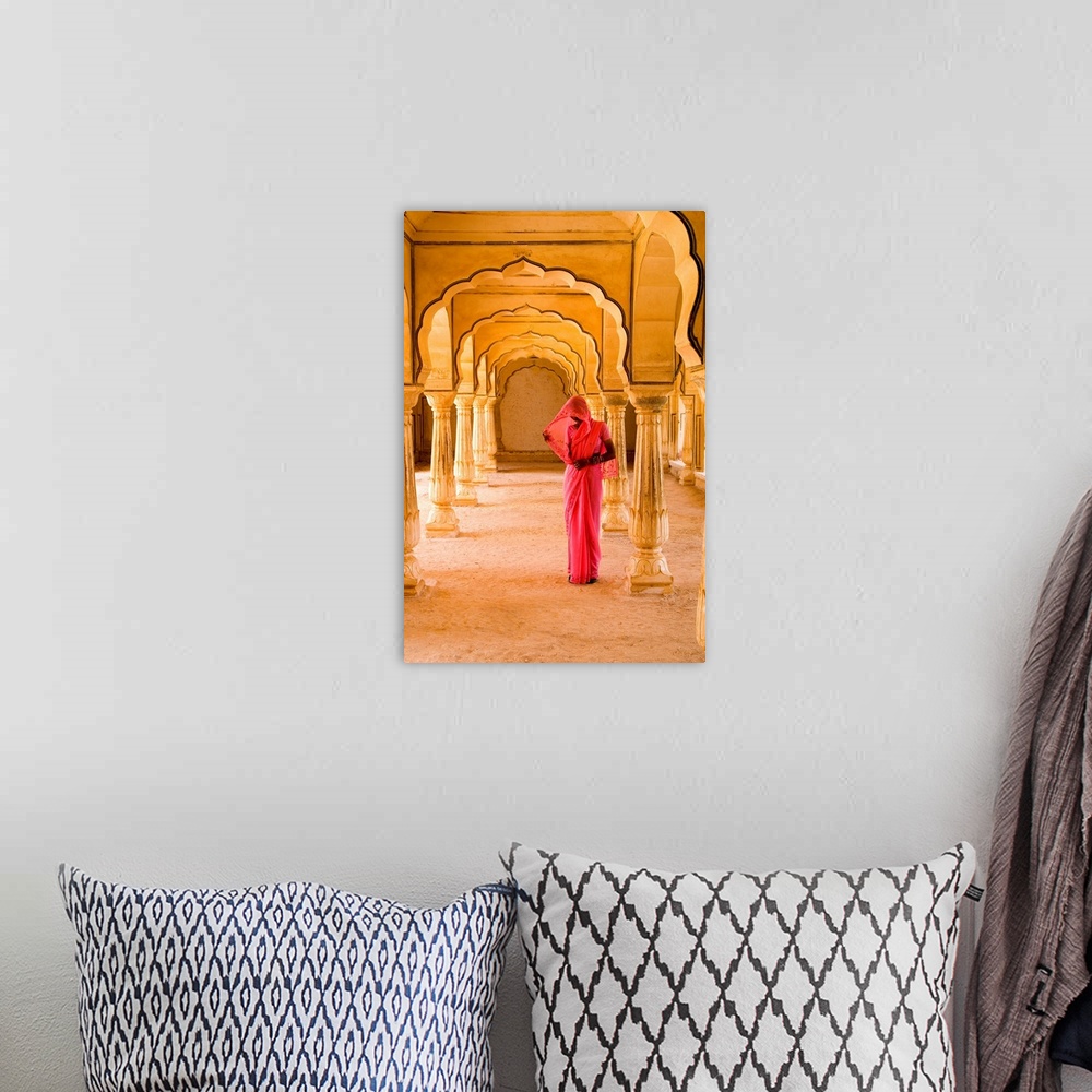 A bohemian room featuring India, Rajasthan, Jaipur, Amber Fort Temple, Woman In Bright Pink