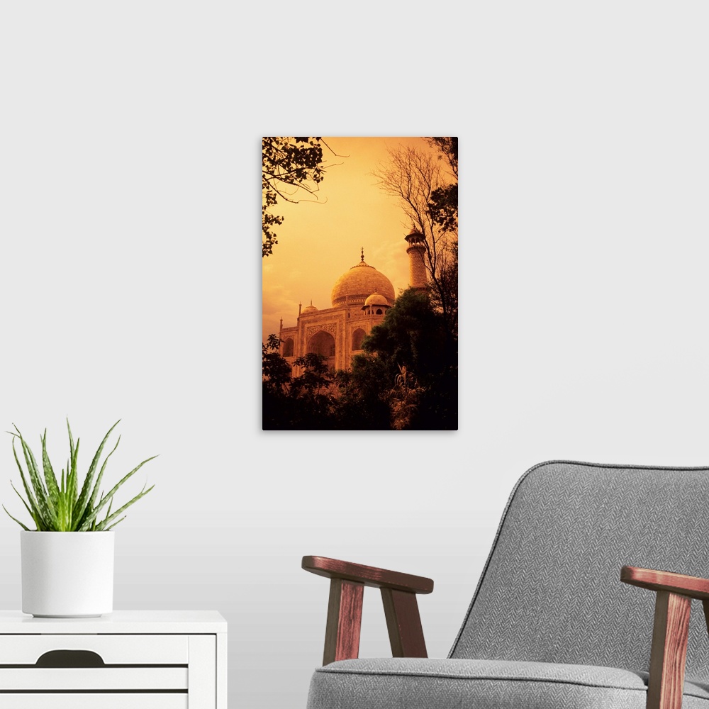 A modern room featuring India, Taj Mahal At Dusk, Orange Skies And Dark Trees