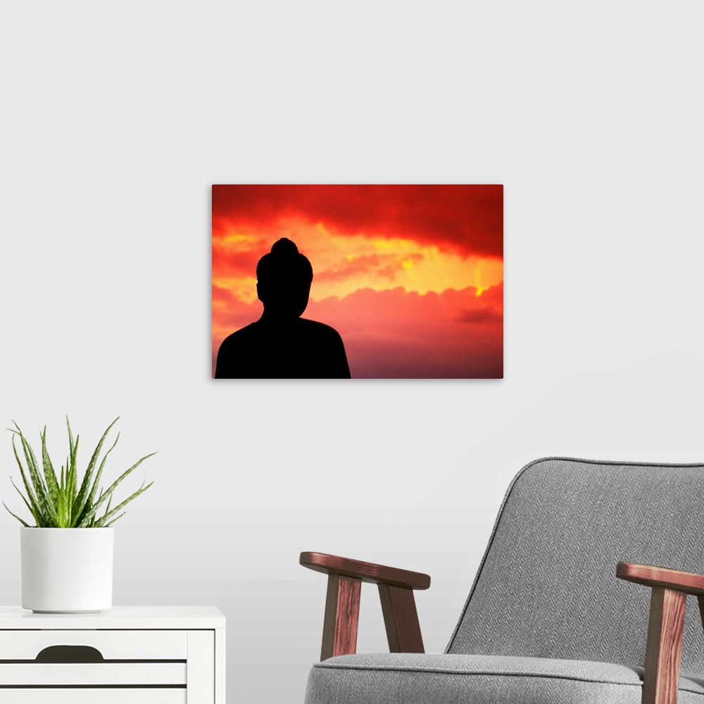 A modern room featuring Indonesia, Java, Borobudur, Temple Relic, Buddhist Statue At Sunset