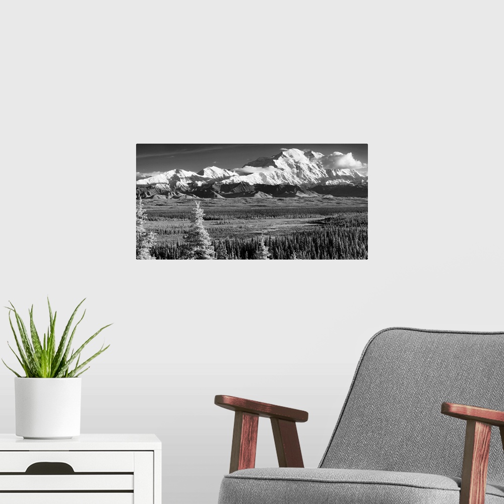 A modern room featuring IR panorama of Denali and the Alaska Range taken from near the Wonder Lake campground, Denali Nat...