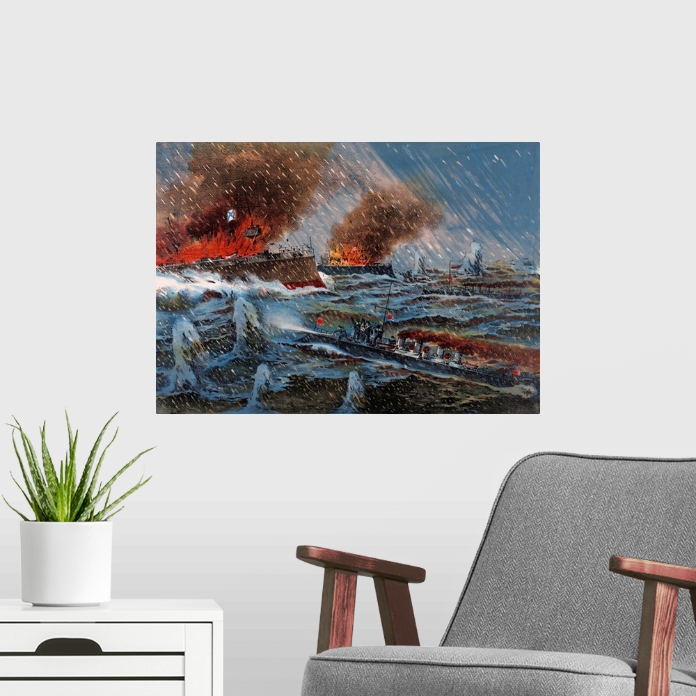 A modern room featuring Coloured woodcut illustration of Japanese naval forces fighting the Russian Men of war in a storm...