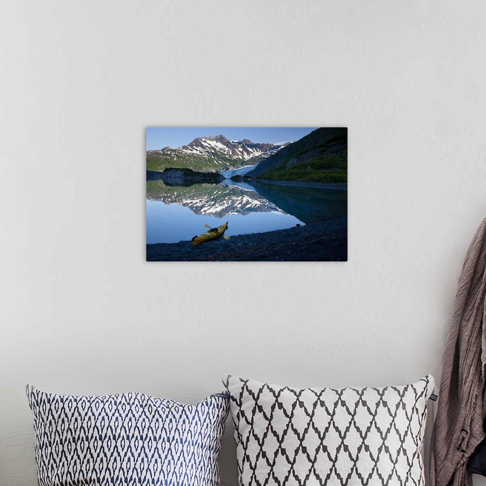 A bohemian room featuring Kayak On The Beach In Shoup Bay With Shoup Glacier Reflected In The Water, Prince William Sound, ...