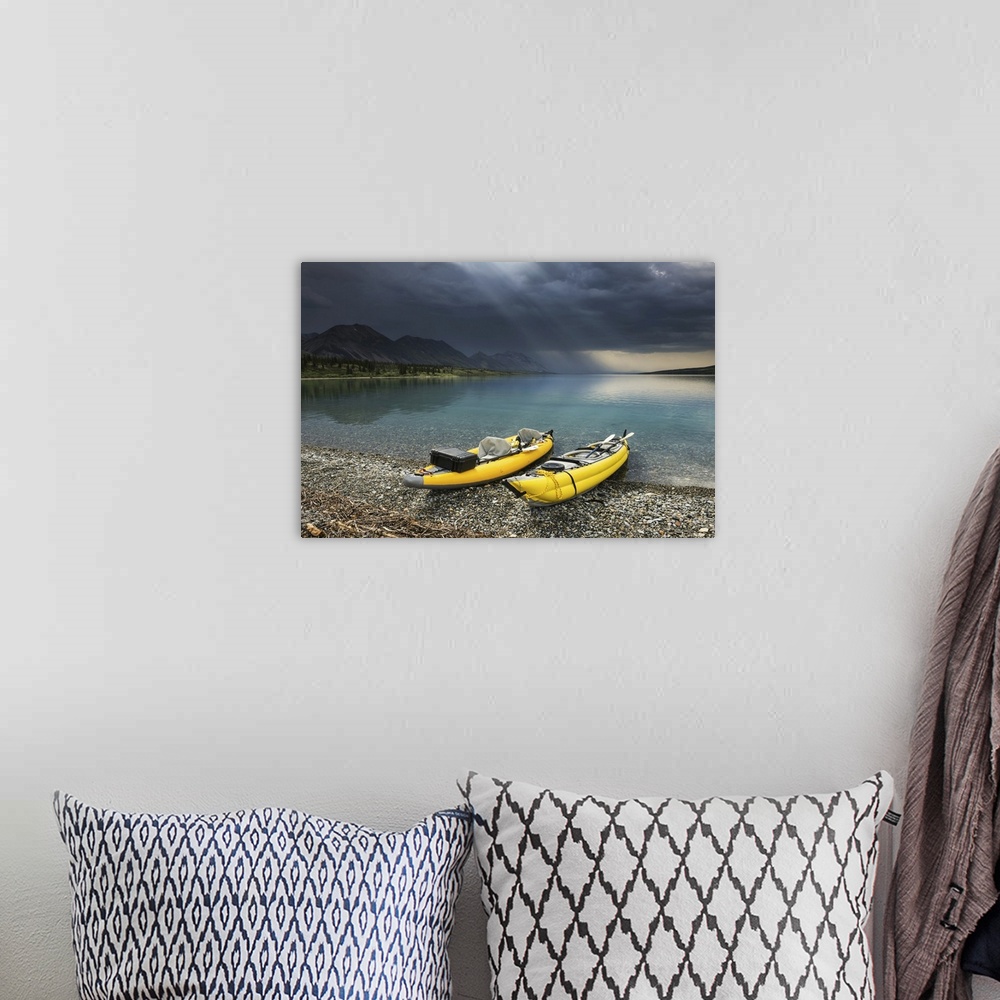 A bohemian room featuring Kayaks On Twin Lake Beach, Lake Clark National Park & Preserve, Alaska