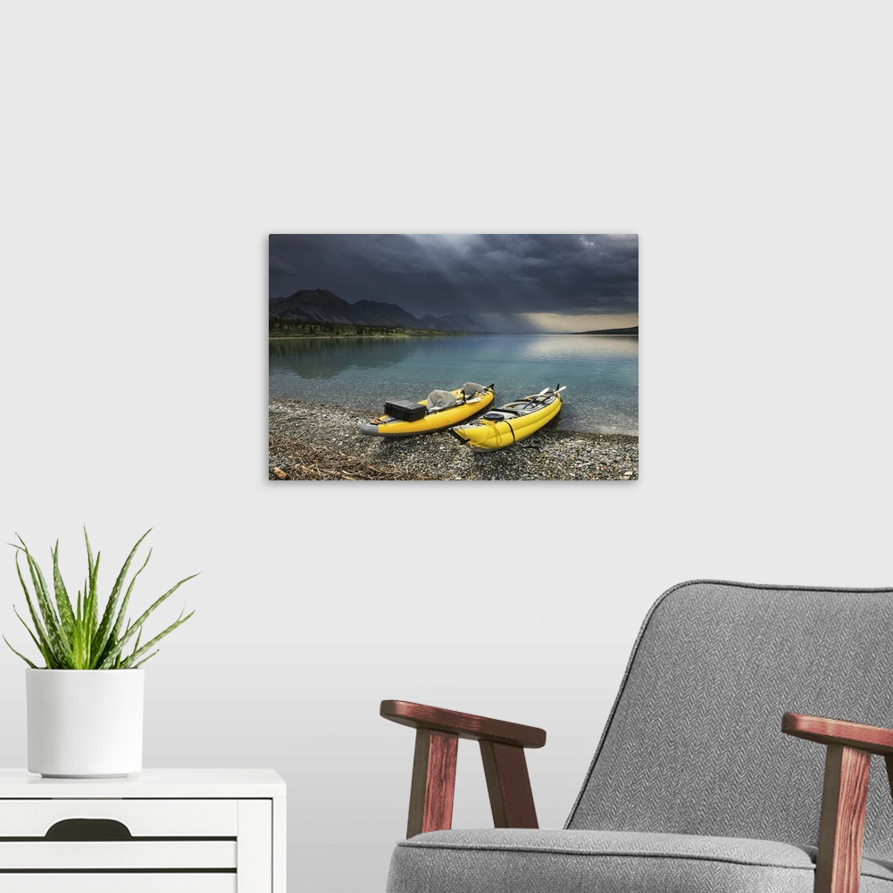 A modern room featuring Kayaks On Twin Lake Beach, Lake Clark National Park & Preserve, Alaska