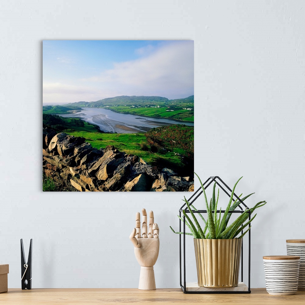 A bohemian room featuring Killybegs, Co Donegal, Ireland; Stone Wall With Landscape And Town Below