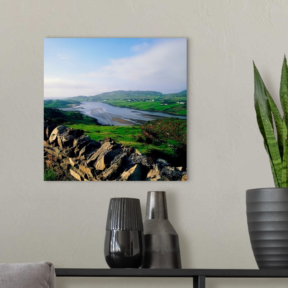 A modern room featuring Killybegs, Co Donegal, Ireland; Stone Wall With Landscape And Town Below