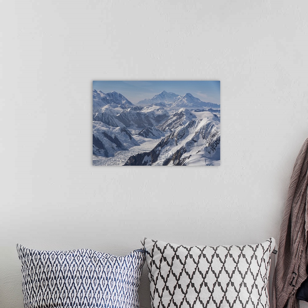 A bohemian room featuring Aerial photo of Kluane national park, with snow covered mountains making up the landscape, Haines...