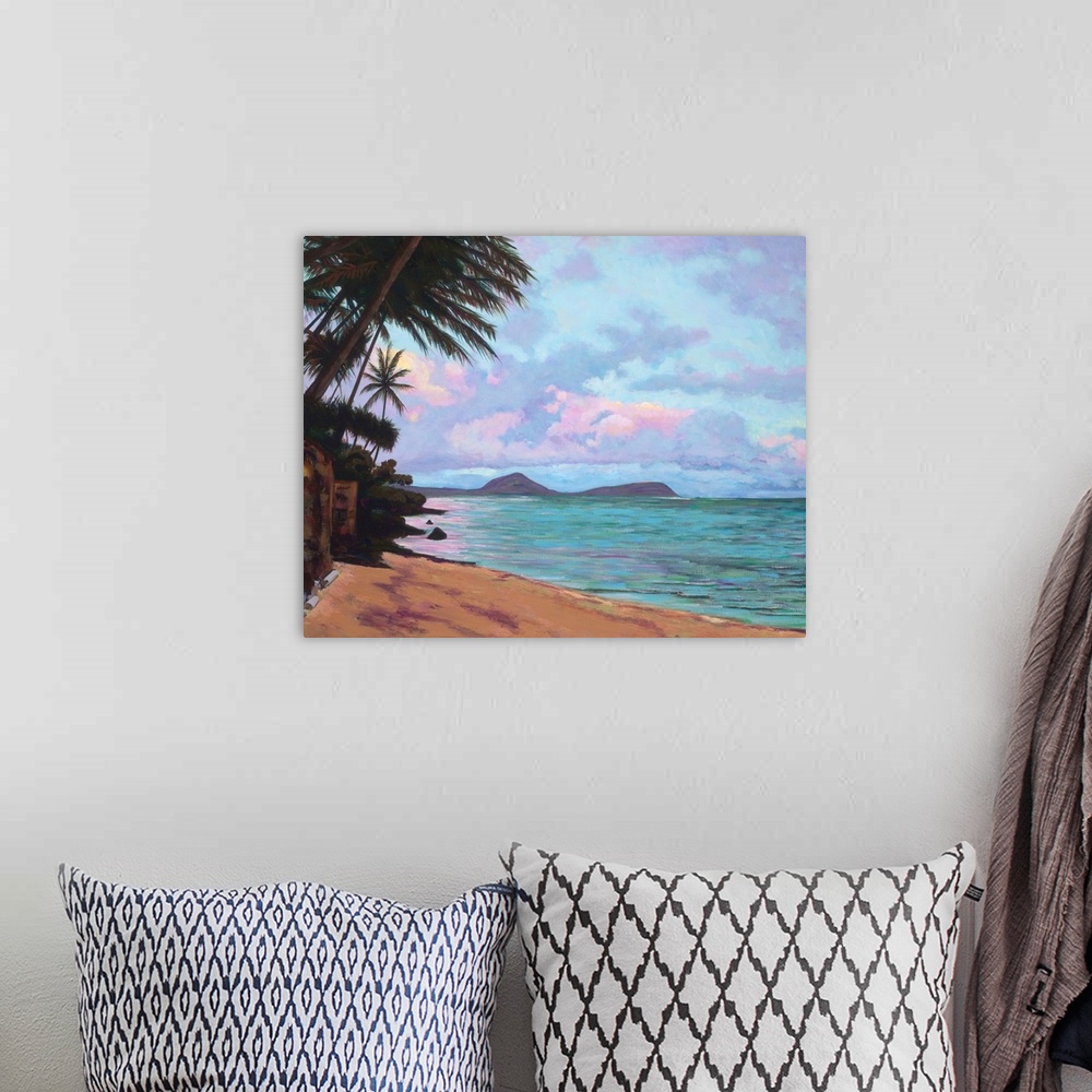 A bohemian room featuring Koko Palms, Hawaii, Oahu, View Of Koko Head From Quiet Beach (Acrylic Painting).