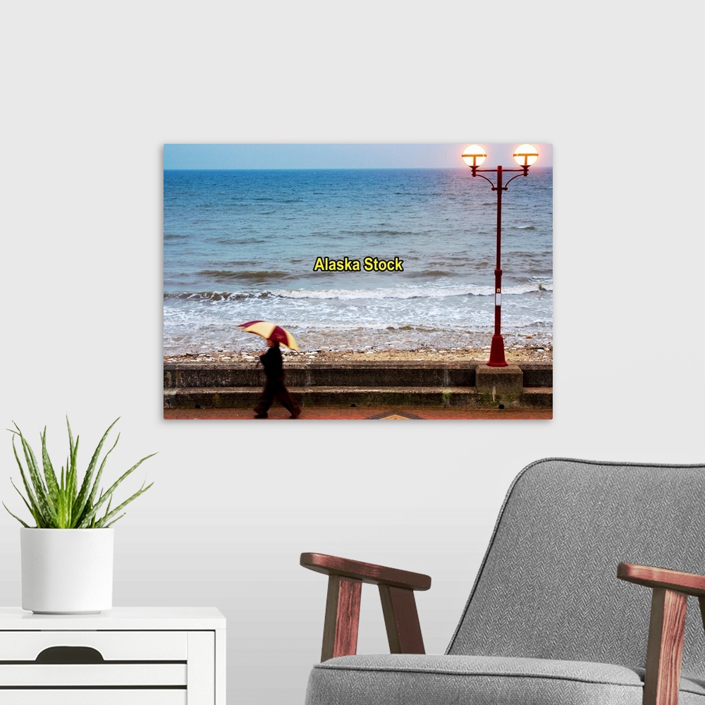 A modern room featuring Lady With An Umbrella Walking Along Bridlington Prom, Yorkshire, England