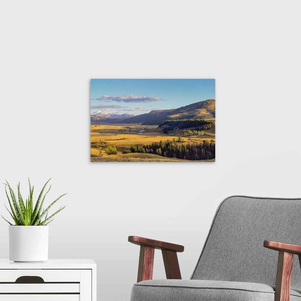 A modern room featuring Lamar Valley on an autumn evening inYellowstone National Park, Wyoming, United States of America