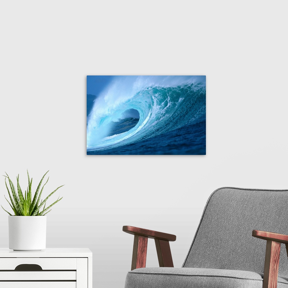 A modern room featuring Large Aqua Wave, Curling, With Spray And Whitewash