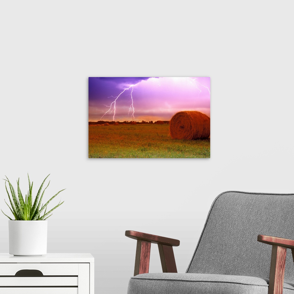A modern room featuring Lightning Over A Field, Alberta, Canada