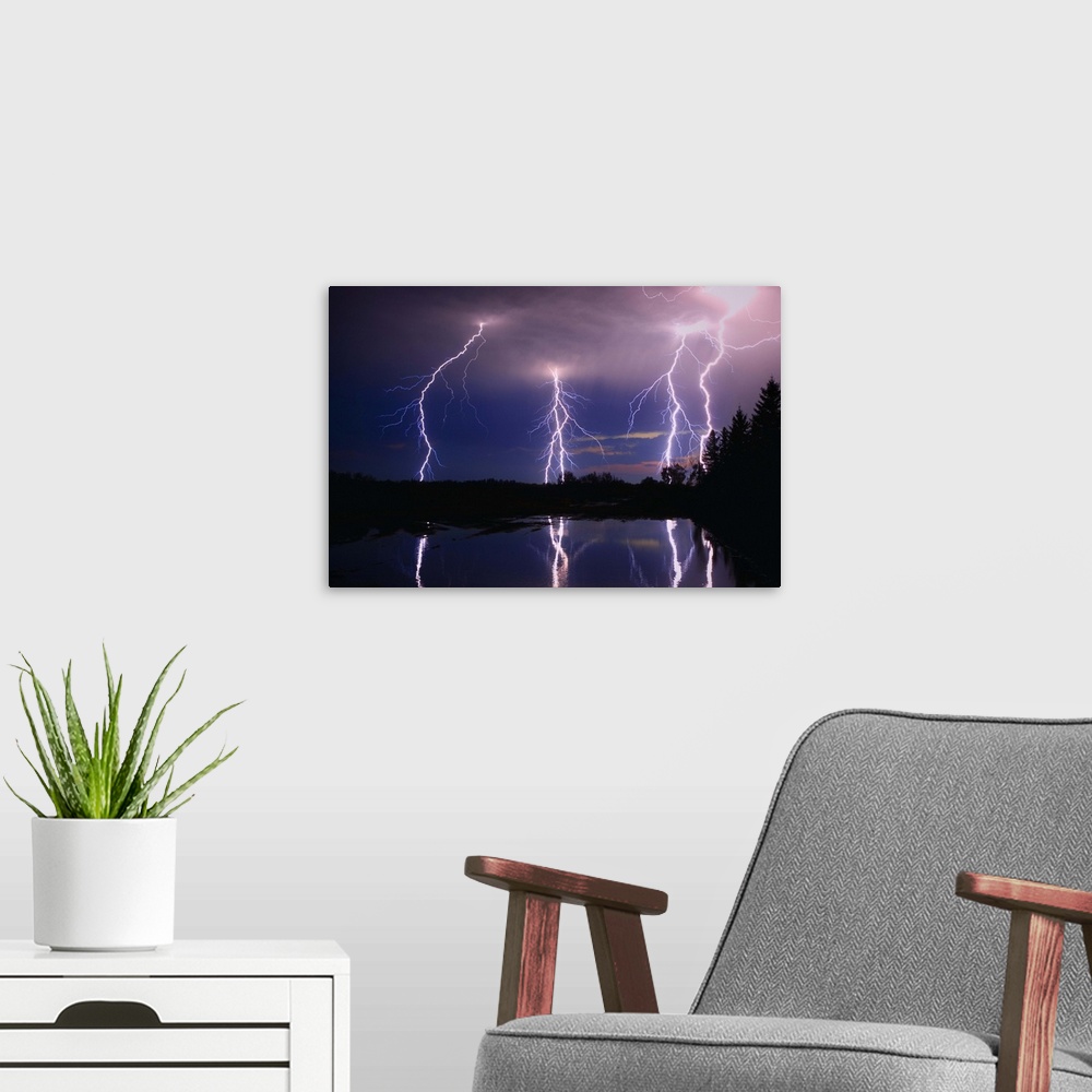 A modern room featuring Lightning Storm Over A Lake