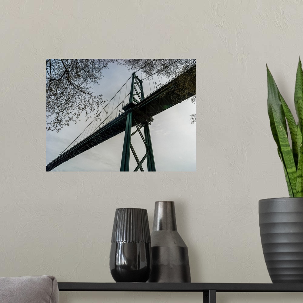 A modern room featuring Low angle view of Lions Gate Bridge, Stanley Park; Vancouver, British Columbia, Canada