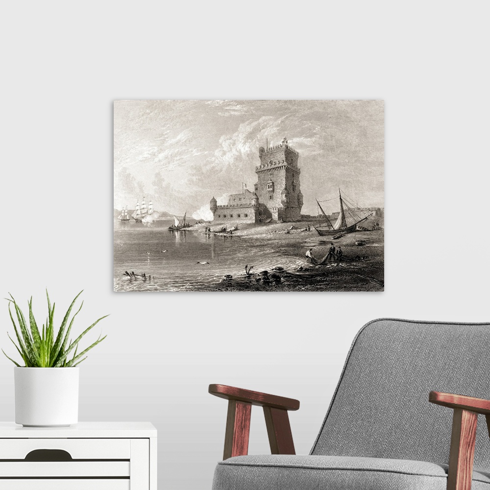 A modern room featuring Lisbon, Belem Castle. From The Original Painting By Lt. Col. Batty F. R. S. From The Book "Select...