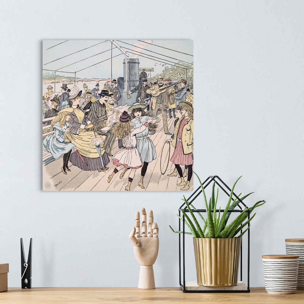 A bohemian room featuring Colour illustration depicting Londoners enjoying trip along a river in Paris on a steam pleasure ...