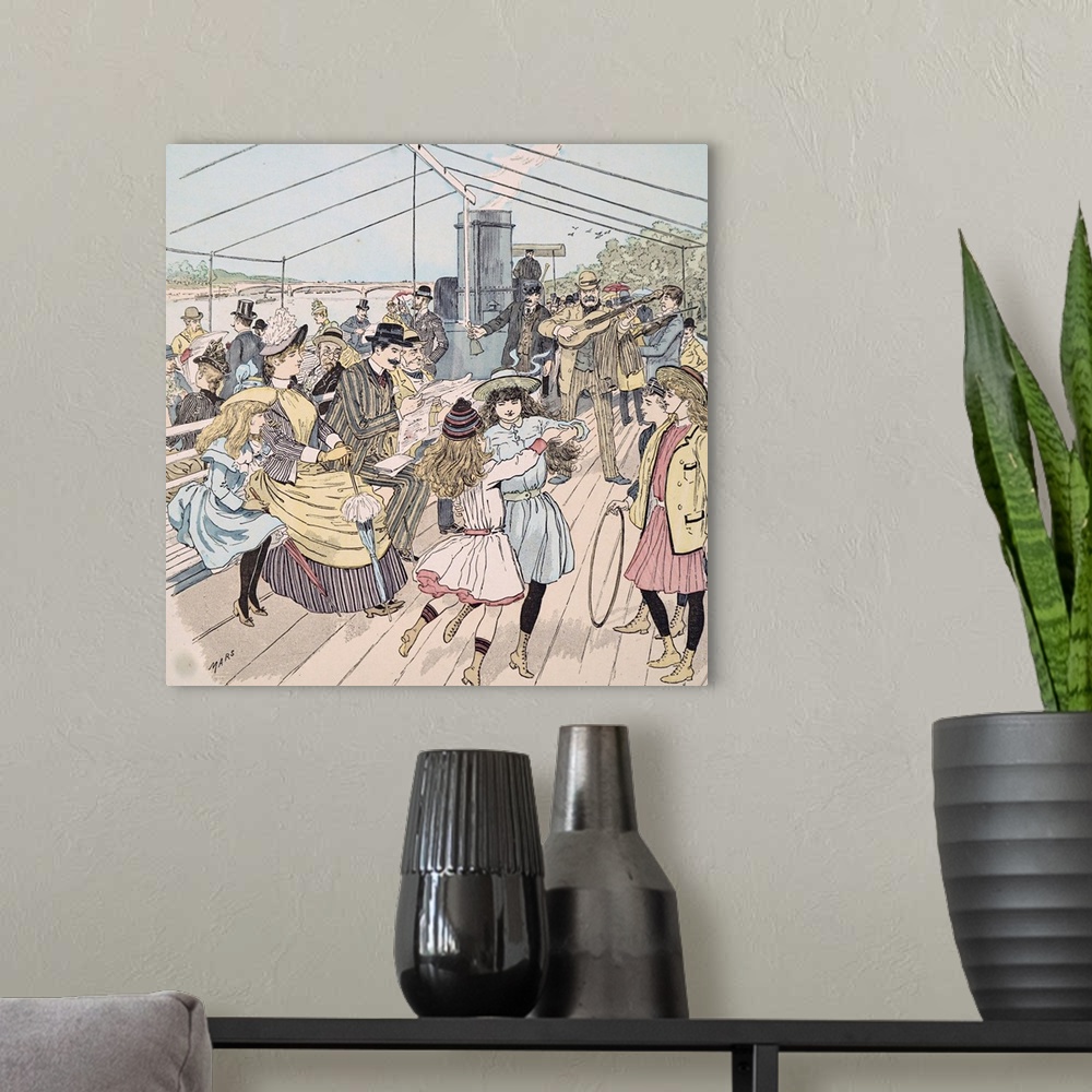 A modern room featuring Colour illustration depicting Londoners enjoying trip along a river in Paris on a steam pleasure ...