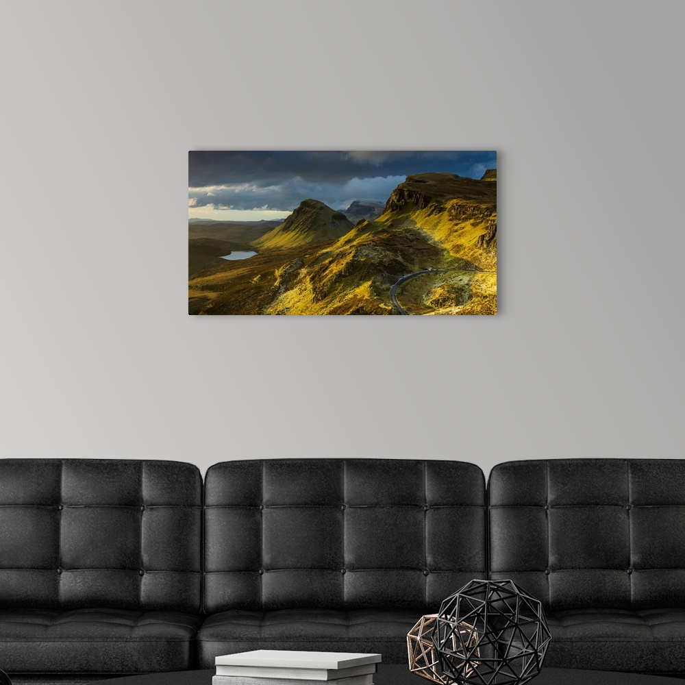 A modern room featuring Looking South along the Trotternish peninsula from the Quiraing at dawn.