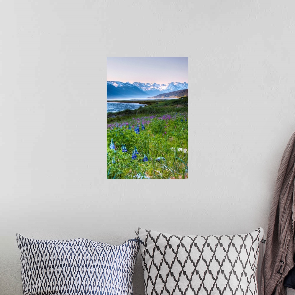 A bohemian room featuring This beautiful photograph is taken in Alaska with a view of snow capped mountains in the backgrou...