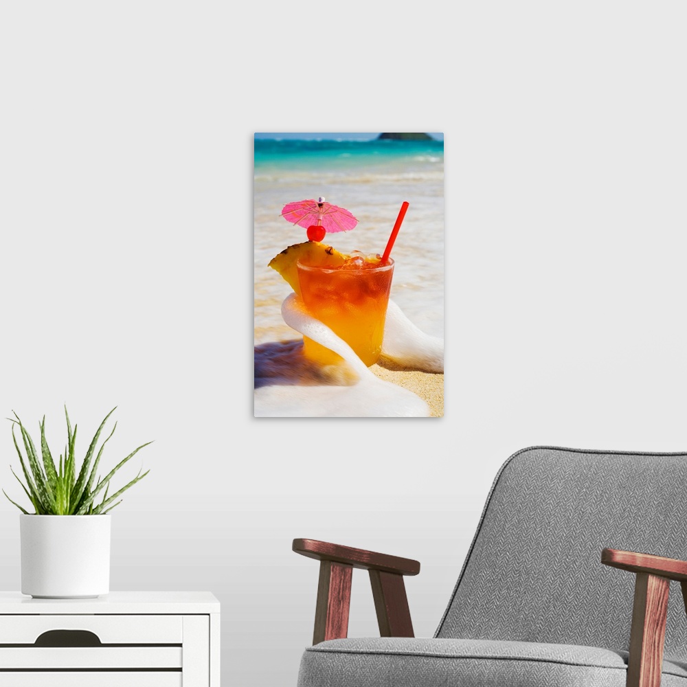 A modern room featuring Mai Tai Getting Splashed By A Wave As It Rest On The Beach