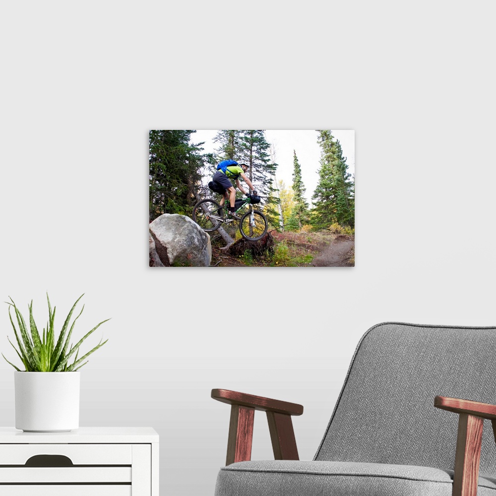 A modern room featuring Man Mountain Biking Over Rocks, Anchorage Hillside Trails, Alaska