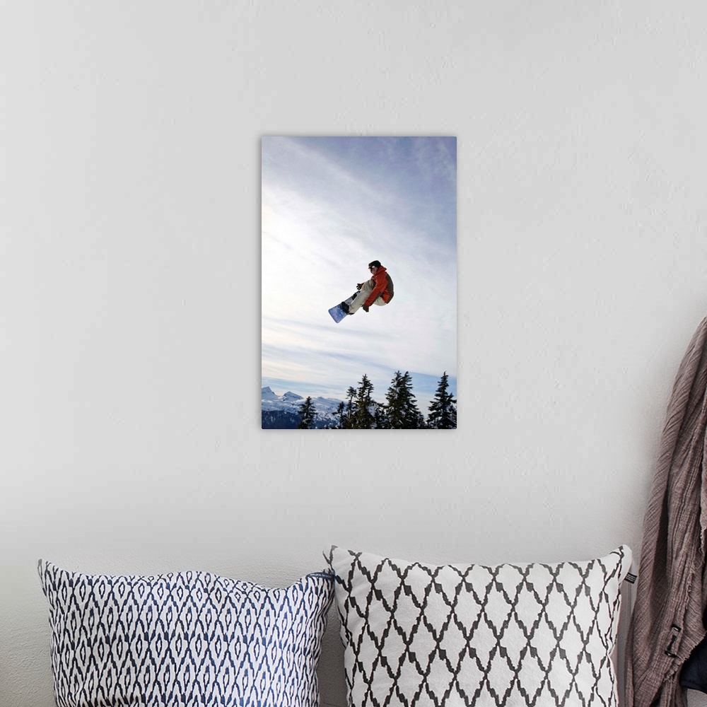 A bohemian room featuring Man Snowboarding, Jumping In Mid-Air, Vancouver Island Ranges, BC, Canada