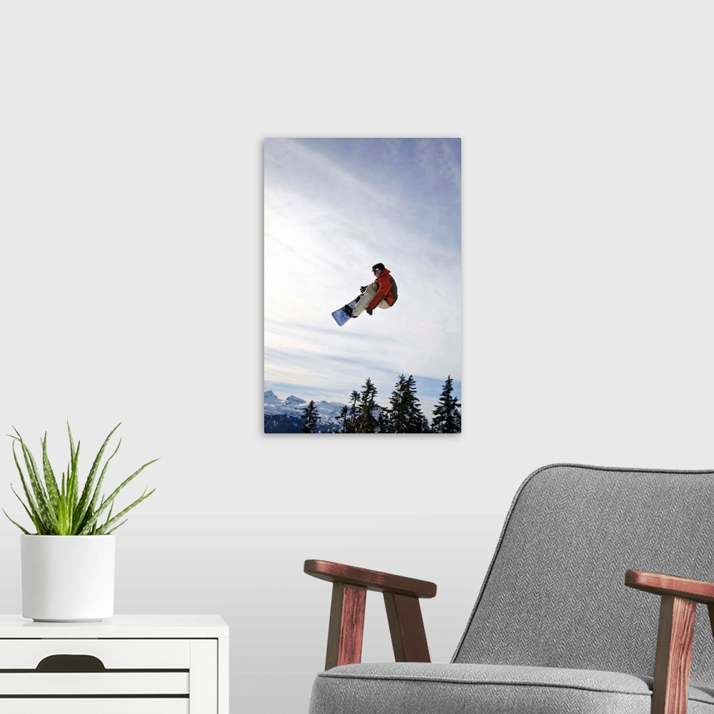 A modern room featuring Man Snowboarding, Jumping In Mid-Air, Vancouver Island Ranges, BC, Canada