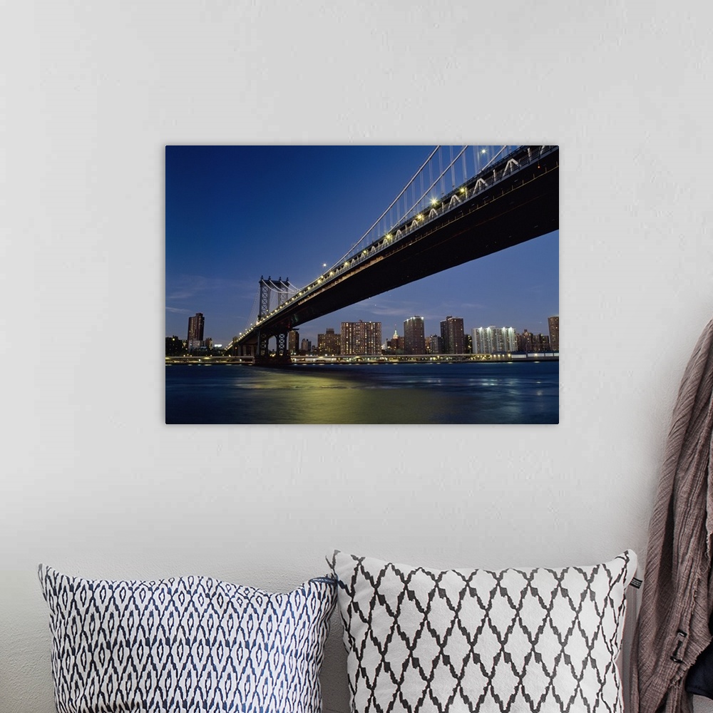 A bohemian room featuring Manhattan Bridge At Dusk With The Empire State Building Behind; New York City, New York