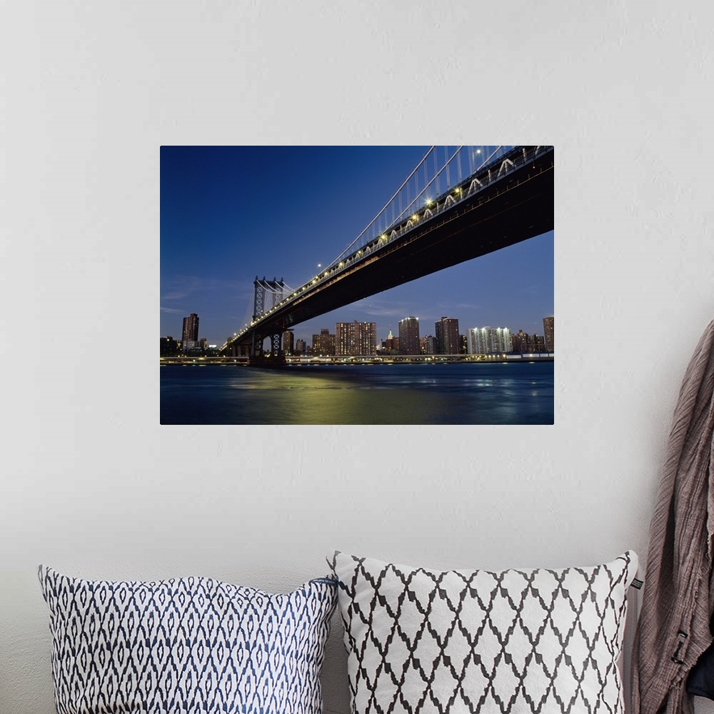 A bohemian room featuring Manhattan Bridge At Dusk With The Empire State Building Behind; New York City, New York