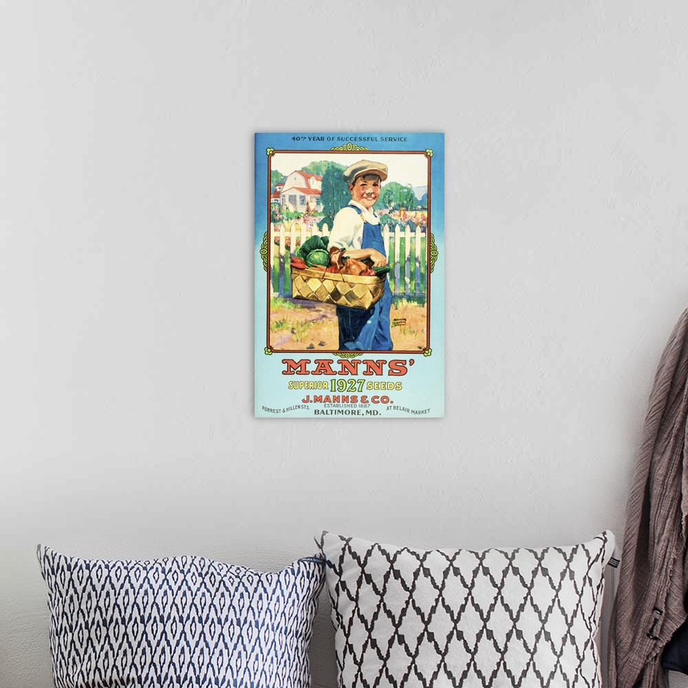 A bohemian room featuring Mann's seed catalog with illustration of boy holding vegetables from the 20th century